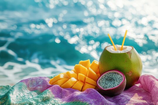Tropical refreshment with coconut and fruit on beach
