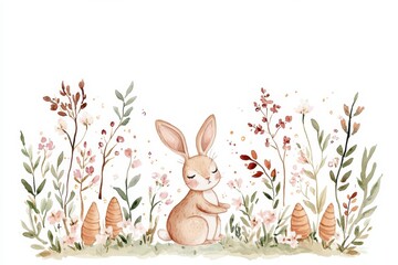 Obraz premium Cute bunny in floral meadow with carrots watercolor art