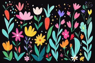 Vibrant floral garden with carrots on black background
