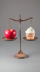 A scale with an apple on one side and a cupcake on the other, on a gray background, phone wallpaper