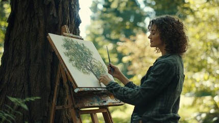 Woman painting a tree on canvas in nature, capturing its essence with art.