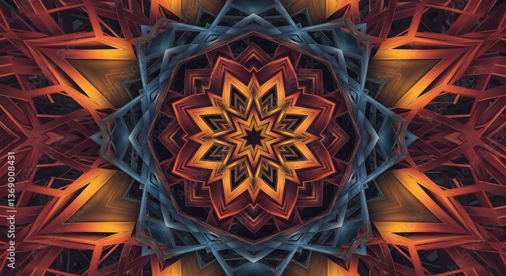 Poster complex geometric patterns with vibrant color transitions and symmetrical shapes