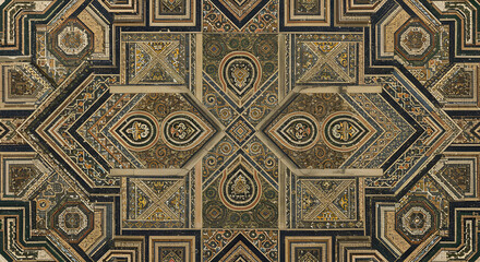 Detailed geometric mosaic artwork in earthy tones, evoking ancient patterns