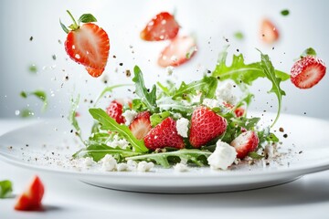 Fresh strawberry and arugula salad with feta and herbs in motion