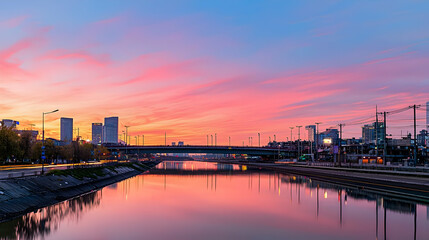 Fototapeta premium Panoramic City River Sunset View