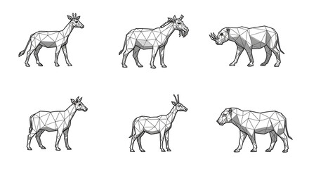 Geometric polygonal animal silhouettes in monochrome palette showcasing diverse fauna