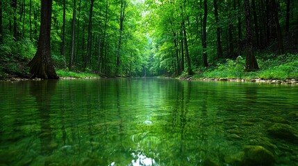 Fototapeta premium Serene Green River Flowing Through Lush Forest