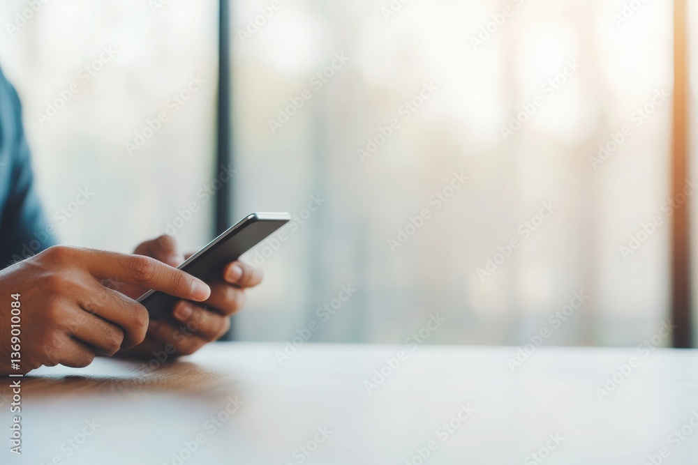 Poster a person holds a smartphone in a softly lit environment, focused on the device while seated at a woo