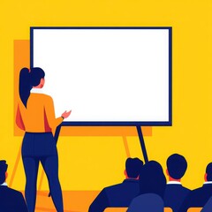 A woman presents to an audience in front of a blank whiteboard, set against a vibrant yellow background.