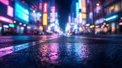 Obraz premium Vibrant Night City Street Scene With Wet Pavement And Colorful Neon Lights
