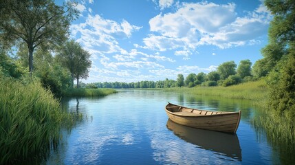 idyllic landscape of a calm river, fringed by lush green reeds and trees, with a rustic wooden boat gently resting on the water