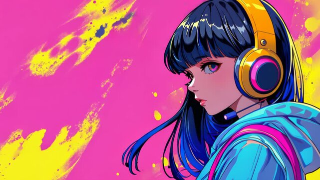 Charming anime girl enjoying lofi beats with headphones, illustrated in a vibrant cartoon style full of textures.