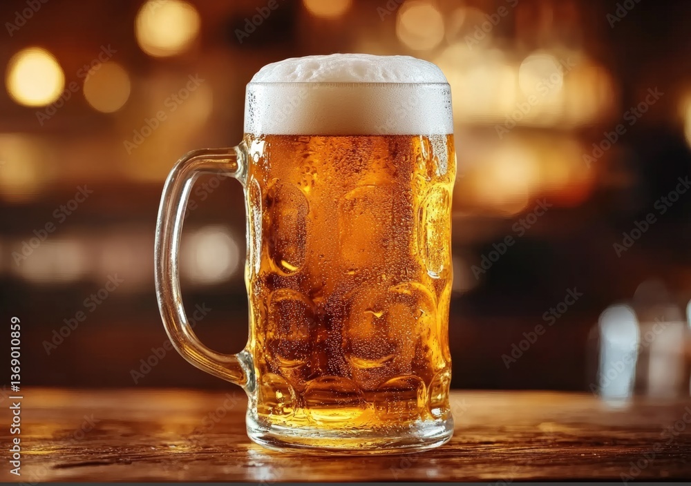 Poster Refreshing beer standing on bar counter in blurred pub background