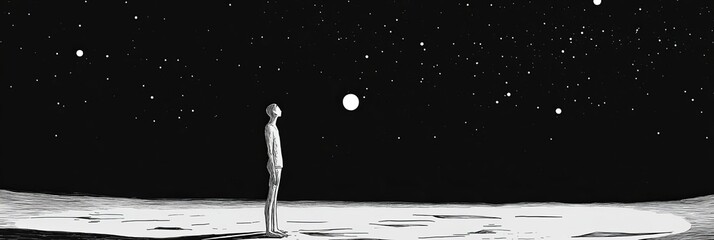 Gazing upwards at the moonlit starry sky.