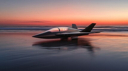 Modern jet reflects on beach. Sunset background. Sleek design with water.