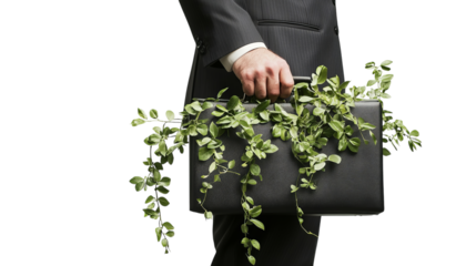 Png of A businessman in a suit holds a briefcase adorned with vibrant green plants, symbolizing eco-friendly business practices on transparent background.