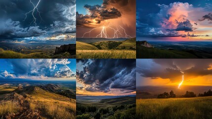 Stunning landscape panorama of varied stormy skies and rolling hills. Possible use in travel brochures or nature calendars