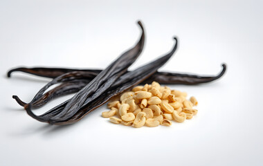 Vanilla beans and seeds on a white background. Suitable for food blogs, spice packaging, recipe cards, culinary magazines, and botanical illustrations.