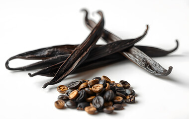 Vanilla beans and seeds on a white background. Suitable for food blogs, spice packaging, recipe cards, culinary magazines, and botanical illustrations.