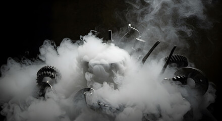 Ethereal depiction of liquid nitrogen vapor swirling around metallic components