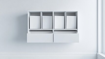 Modern white wall mounted storage cabinet with drawers and shelves for home organization and interior design