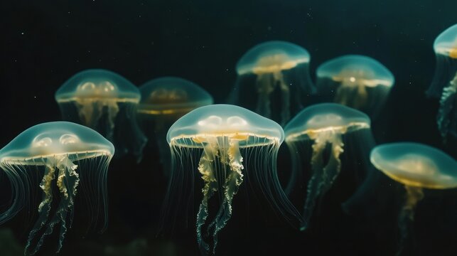 Glowing Aquatic Creatures in the Depths of the Ocean Illuminated by Soft Light Creating a Mys