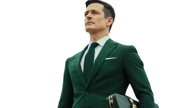 Png of Confident Caucasian male in a stylish green suit, exuding professionalism with a modern briefcase on transparent background.