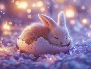 Adorable bunny sleeping peacefully inside cracked pastel Easter egg surrounded by dreamy flowers and soft glowing spring lights background