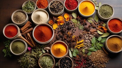 A vibrant array of spices displayed in circular containers,