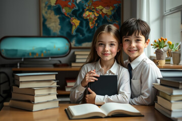 boy and girl, school friends, smiling and holding book on world map background, education concept