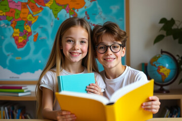 children reading in a brightly lit geography classroom with a world map and globe in the background