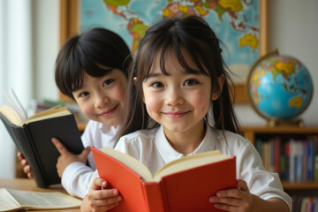 children reading in a brightly lit geography classroom with a world map and globe in the background