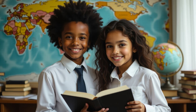 children reading in a brightly lit geography classroom with a world map and globe in the background