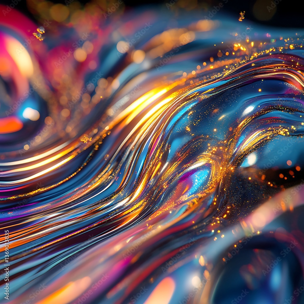 Poster abstract liquid metallic flow with shimmering particles. dynamic, colorful, and vibrant textures cre