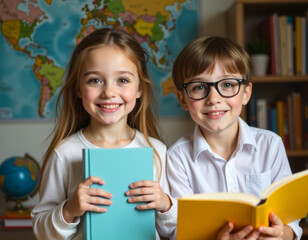 two children smiling, holding a book in a well-lit classroom, with a world map in the background