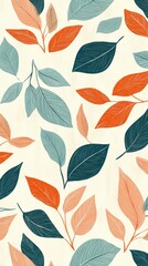 Vintage boho seamless pattern with leaves, in light orange and teal colors, phone wallpaper