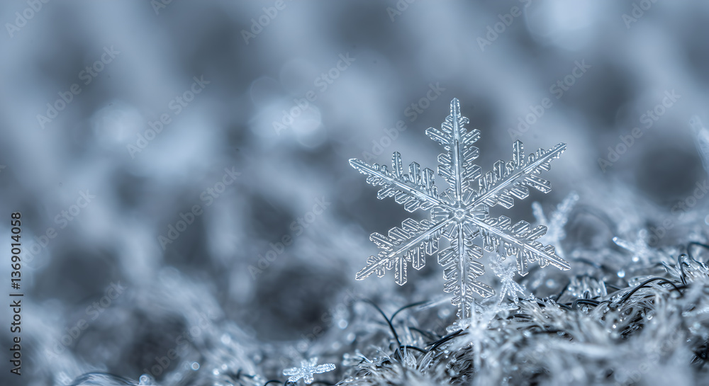 Poster macro shot of a perfectly formed snowflake resting on a textured surface