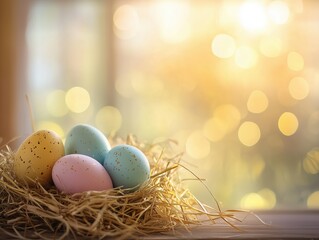 Obraz premium Speckled pastel Easter eggs in a straw nest with warm golden bokeh sunlight streaming through the window in a soft peaceful morning background.