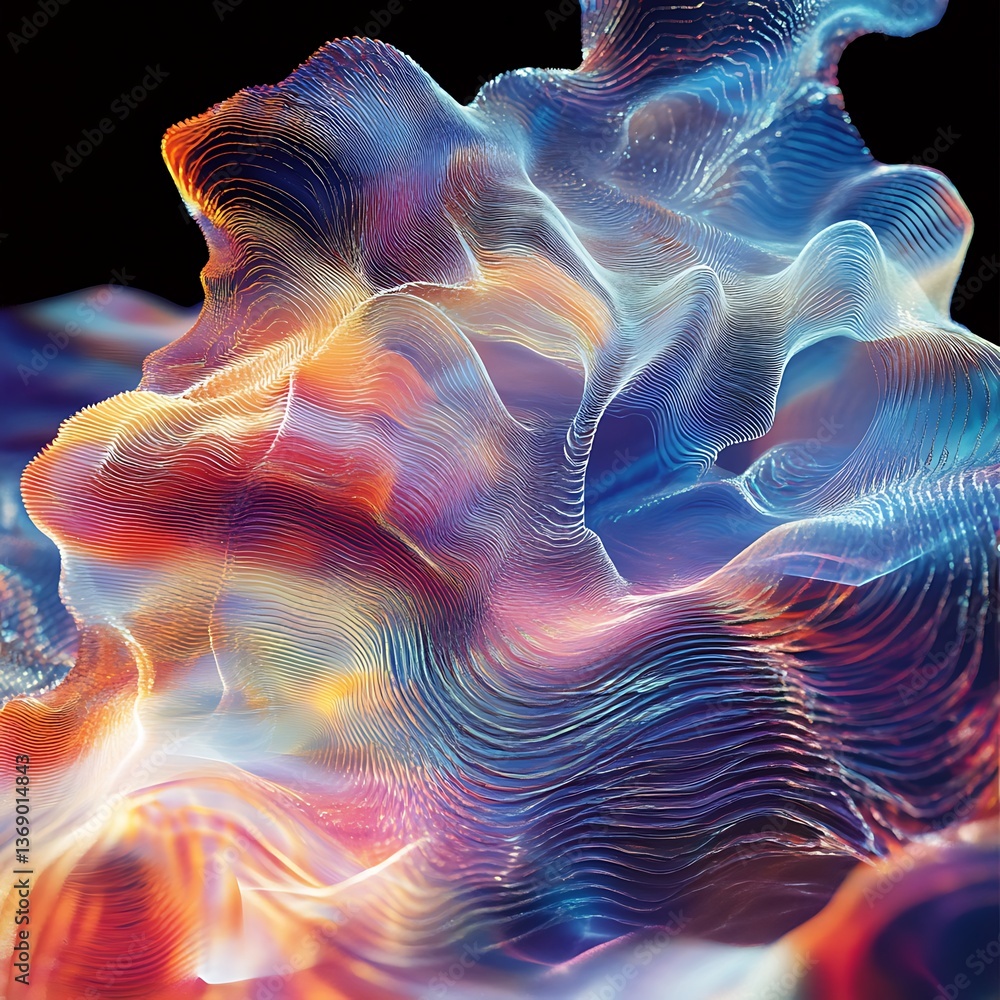 Poster abstract swirling forms in vibrant colours. complex, layered textures resembling flowing fabric or e