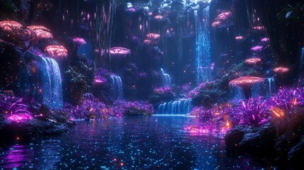 Glowing Waterfall In A Mystical Forest At Night