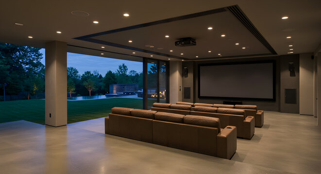 Luxurious Home Theater with Walkout to Landscaped Backyard at Twilight