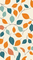 Vintage boho seamless pattern with leaves, in light orange and teal colors, phone wallpaper