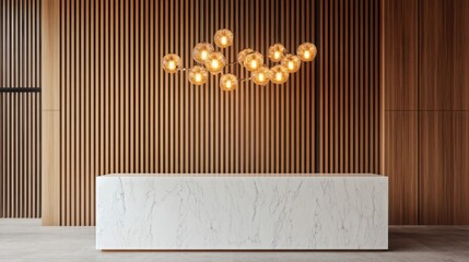 A contemporary reception with a rectangular white marble desk, a vertical wooden slat wall, and an oversized modern chandelier.