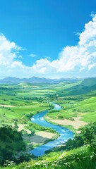 Obraz premium Beautiful grasslands, rivers winding through the green hills under a blue sky and white clouds, phone wallpaper