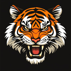 Stylized tiger head with an angry expression, featuring orange and black stripes, white fur, and bared teeth against a black background.