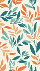 Vintage boho seamless pattern with leaves, in light orange and teal colors, phone wallpaper