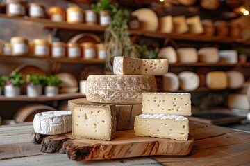 Assorted cheese varieties displayed on a wooden board in a rustic shop with shelves of cheese in the background showcasing a gourmet food concept