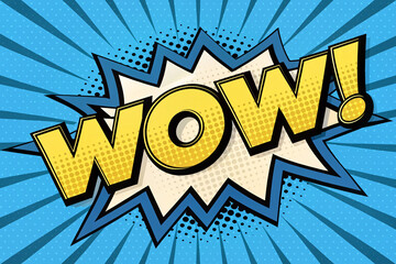 Comic Book Style WOW Text with Explosion Effect on Blue Halftone Background