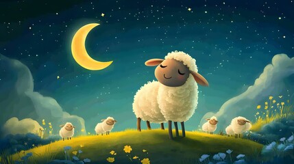 Sheep family resting under moonlight