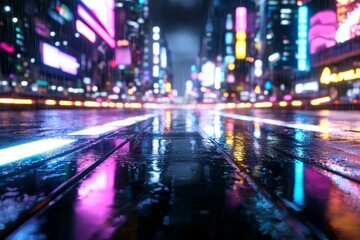 A city street with neon lights and rain